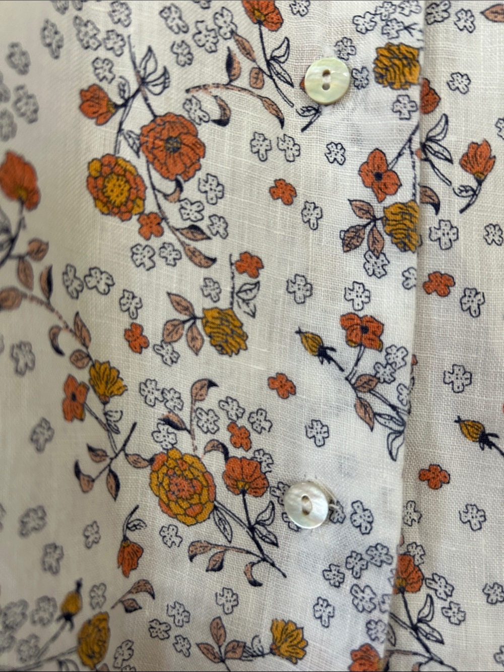 Rachel Zoe Boxy Floral Linen Blouse Sz L w MEASUREMENTS Cap Sleeves Shell Button - Picture 5 of 10